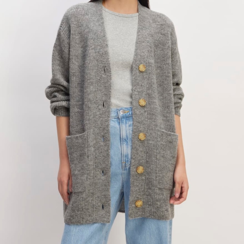 Everlane Oversize Alpaca Pocket Cardigan Heathered Stone Sweater Wool Light S - Picture 2 of 10